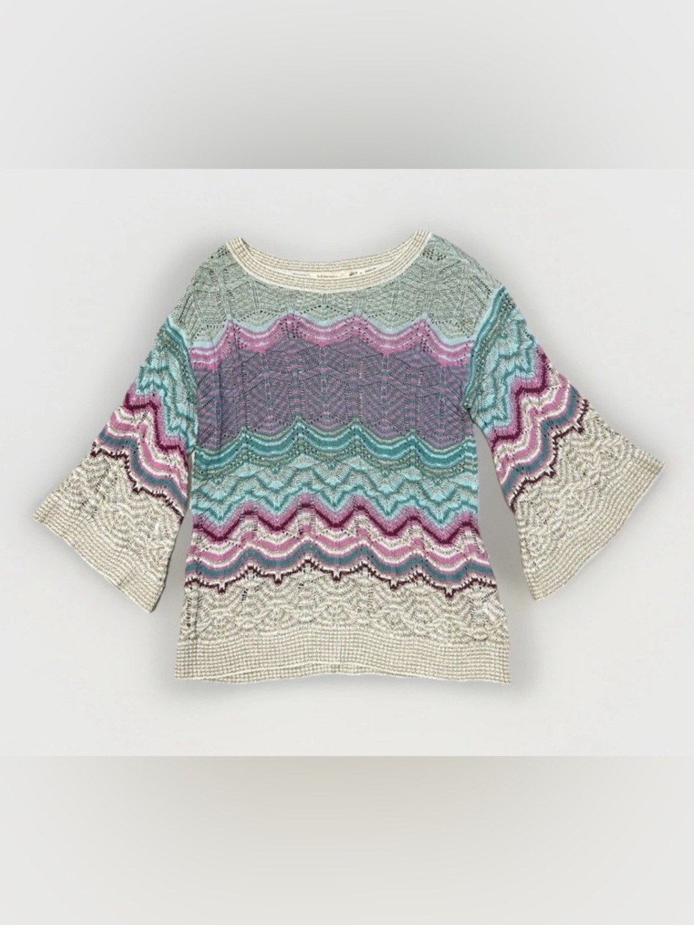 Soft Surroundings Sweater  M Thereze Striped Pointelle Cotton Modal Bell Sleeve